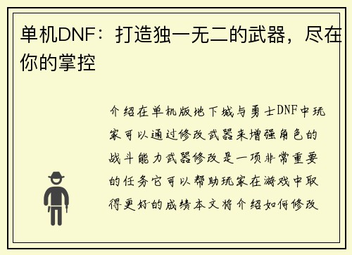 单机DNF：打造独一无二的武器，尽在你的掌控